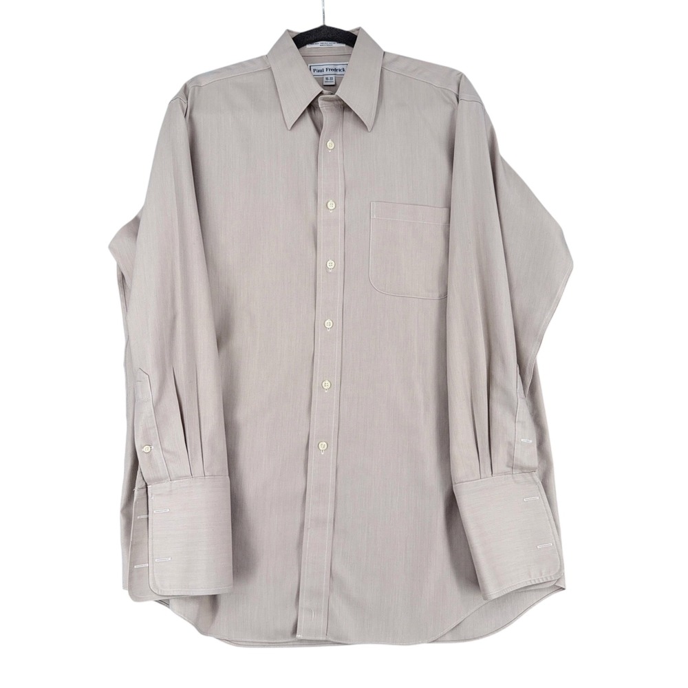 Paul Fredrick‎ Mens Beige Striped Dress Shirt 16-33 Cotton Non Iron